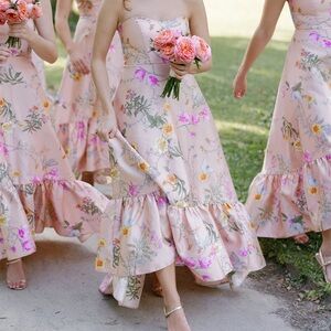 Bella bridesmaid Dessy Group pink blush butterfly botanica floral gown